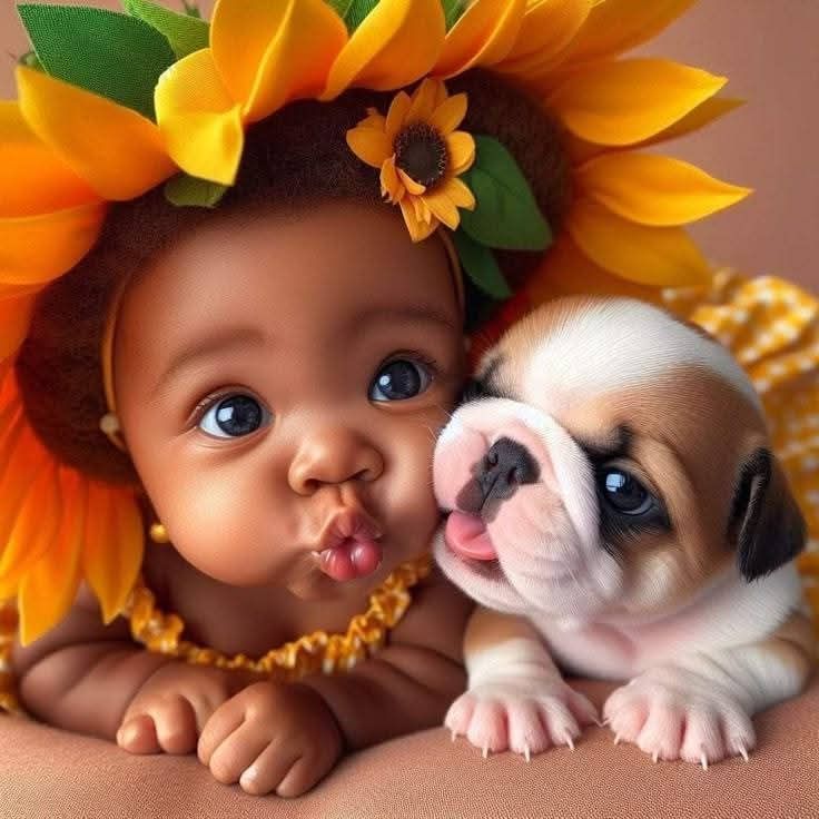 Baby with Puppy and Sunflower