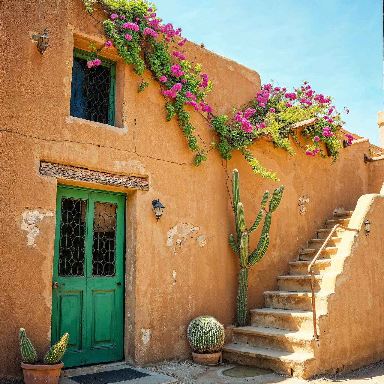 Adobe pueblo house with turquoise door, stairs, and pink bougainvillea flowers on terracotta walls