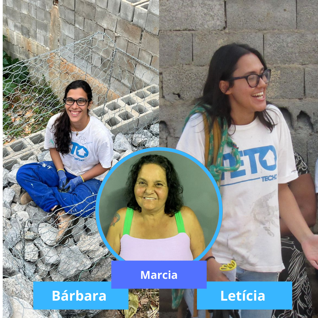 Photo collage of three smiling women outdoors near a block wall and rubble, with name labels