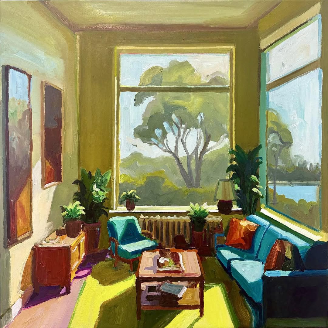 Painting of a bright living room with blue sofas, plants, a coffee table, and large windows