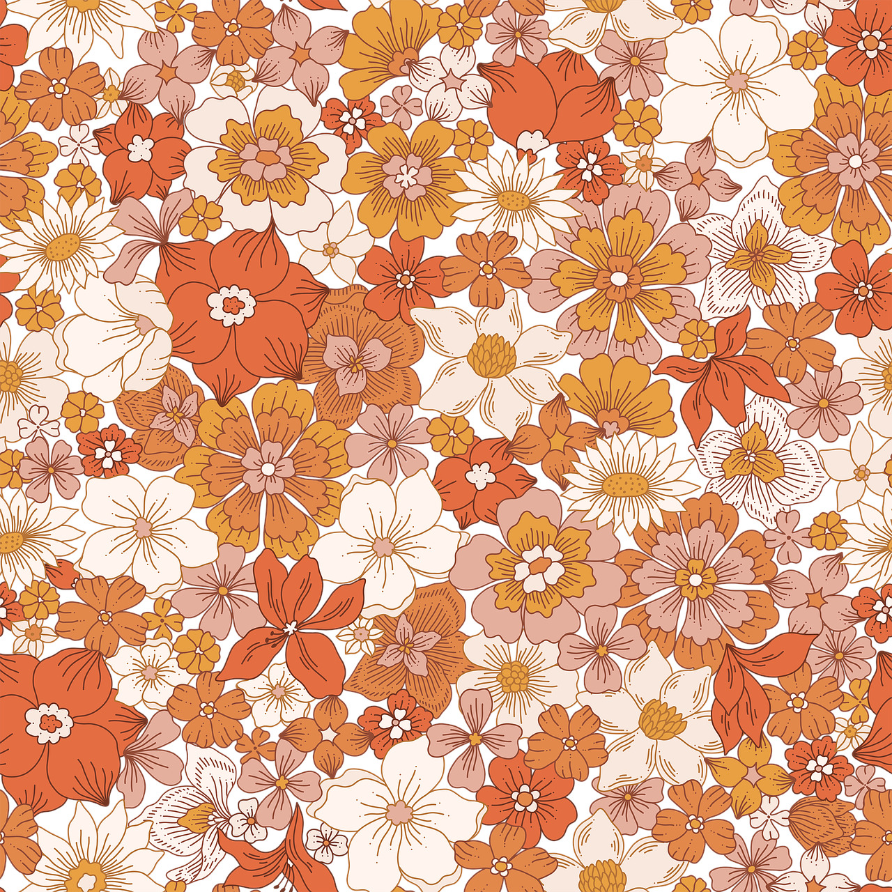 Retro floral pattern with overlapping orange, peach, and white flowers