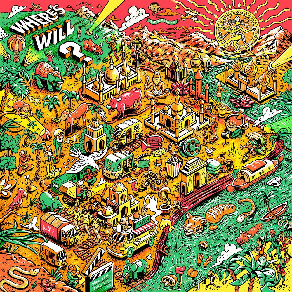 Colorful illustrated fantasy village with domed buildings, trains, animals, mountains, and a turquoise sea