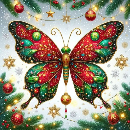 Ornate butterfly with red and green jeweled wings amid Christmas decorations and pine branches