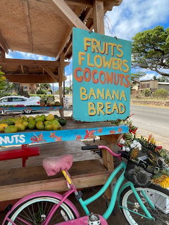 Colorful hand-painted fruit stand sign with pink and turquoise bikes parked in front on a tropical roadside