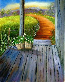 Painting of a wooden porch with white flowers in a basket and a dirt path leading to mountains