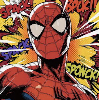 Spider-Man in red costume against yellow pop art background with comic book sound effects