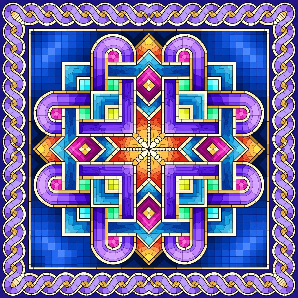 Symmetrical mandala with colorful interlocking geometric shapes and ornate border on blue background