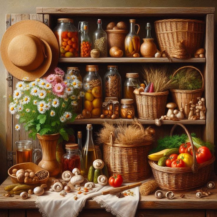 Rustic still life painting with jars, baskets, flowers, mushrooms, and vegetables on wooden shelves