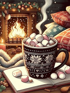 Illustrated mug of hot chocolate with marshmallows near a fireplace decorated for Christmas