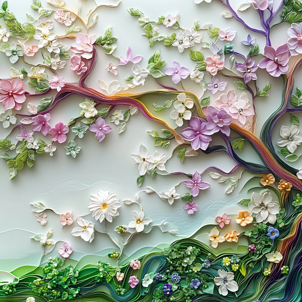 Three-dimensional paper art of a flowering tree with pastel blooms and green foliage on white background
