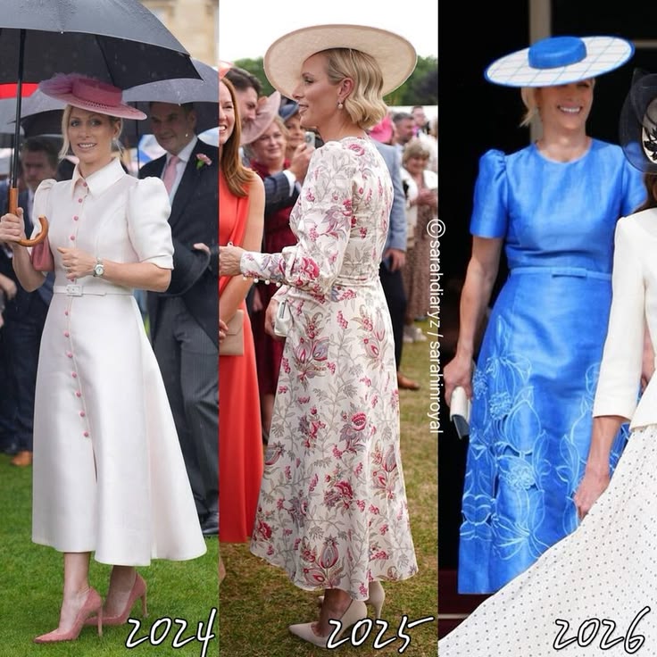Three side-by-side photos of woman in formal dresses and hats at garden parties from different years