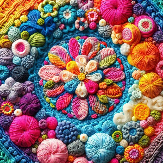 Colorful knitted and crocheted fabric art with textured flowers and circular patterns in vibrant rainbow hues