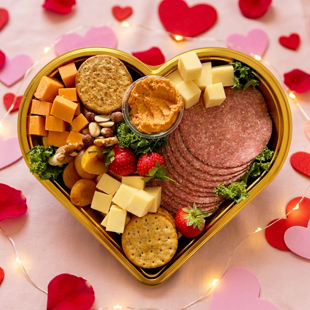 Heart-shaped charcuterie board with meats, cheeses, crackers and strawberries surrounded by rose petals