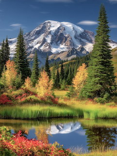 Mount Rainier with snow peak reflected in lake, surrounded by autumn trees and wildflowers