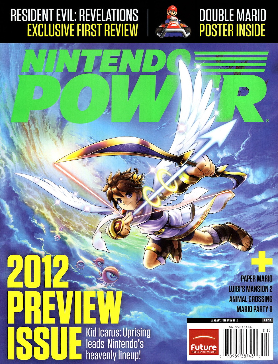 Nintendo Power magazine cover showing Kid Icarus Uprising character Pit flying with sword and wings