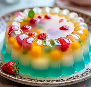 Rainbow Jelly Cake with Strawberries