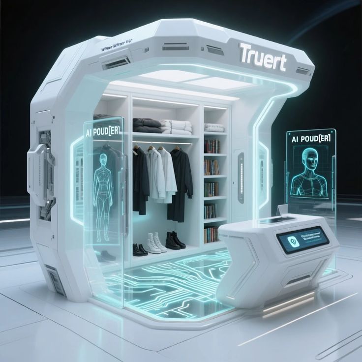 Futuristic white wardrobe pod with blue neon lights, clothes, shelves, and digital screens