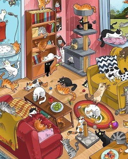 Cartoon illustration of many cats playing and resting in a cozy living room with furniture and toys.