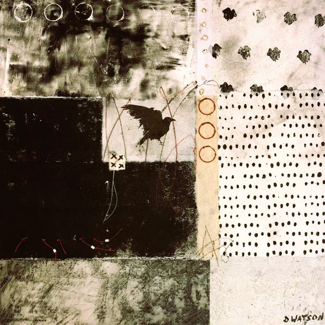 Abstract mixed-media art with black and cream blocks, dotted patterns, circles, and textured brushwork