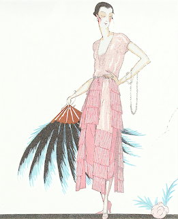 Art Deco illustration of woman in pink flapper dress holding feathered fan