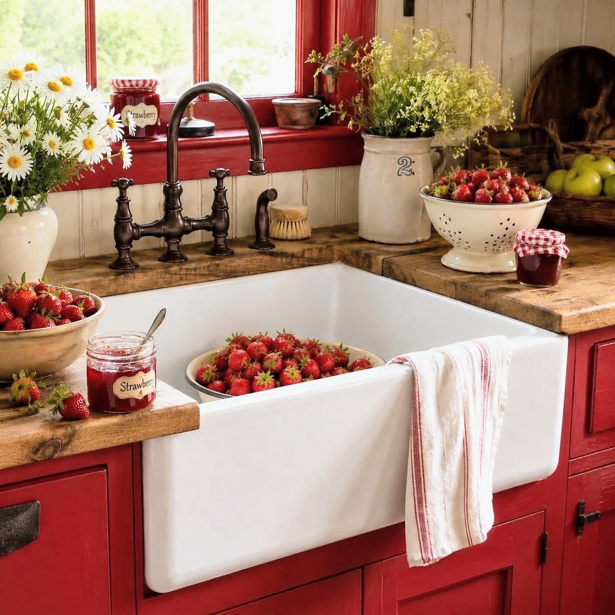 Vintage kitchen sink with fresh strawberries, flowers, and red cabinets