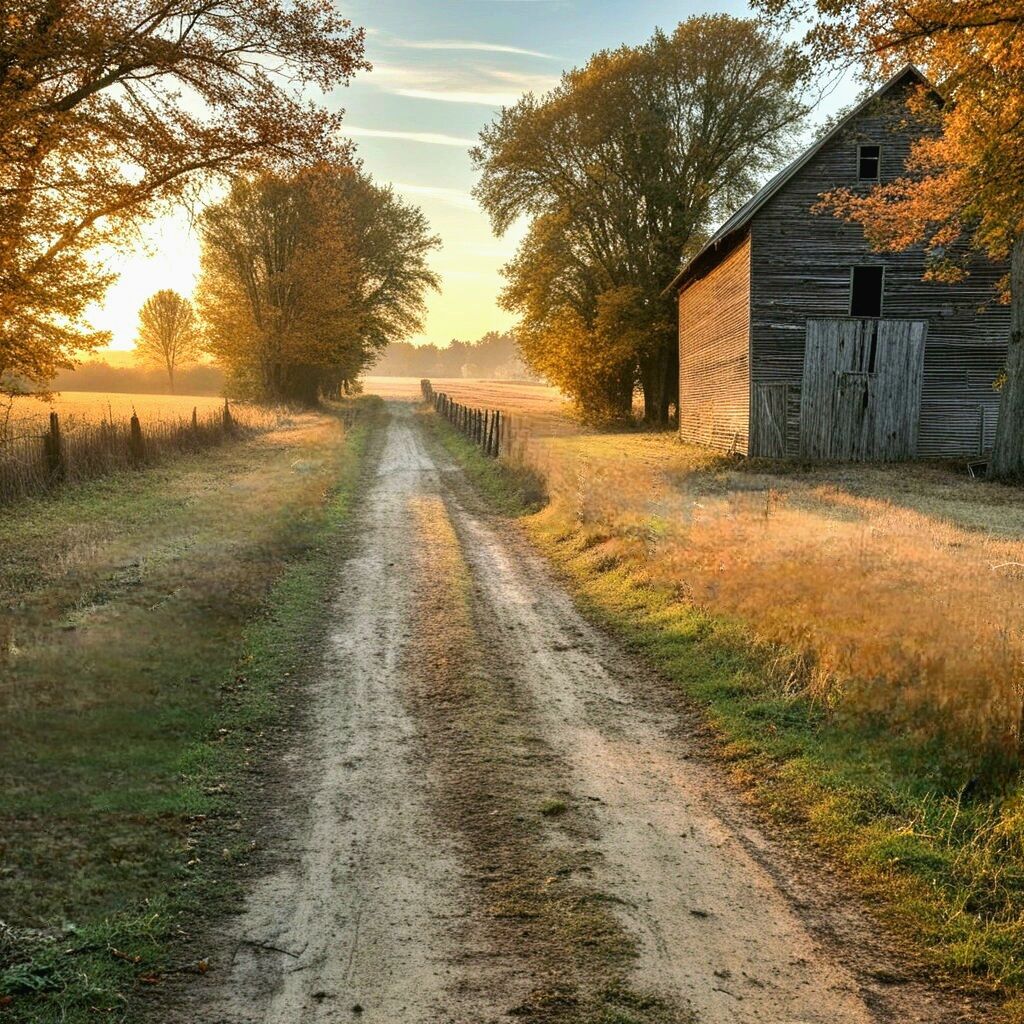 Dirt road through autumn farmland with barn and trees at sunrise