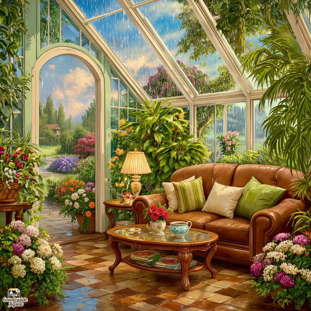 Bright sunroom with glass roof, brown leather sofa, potted plants, and flowering hydrangeas