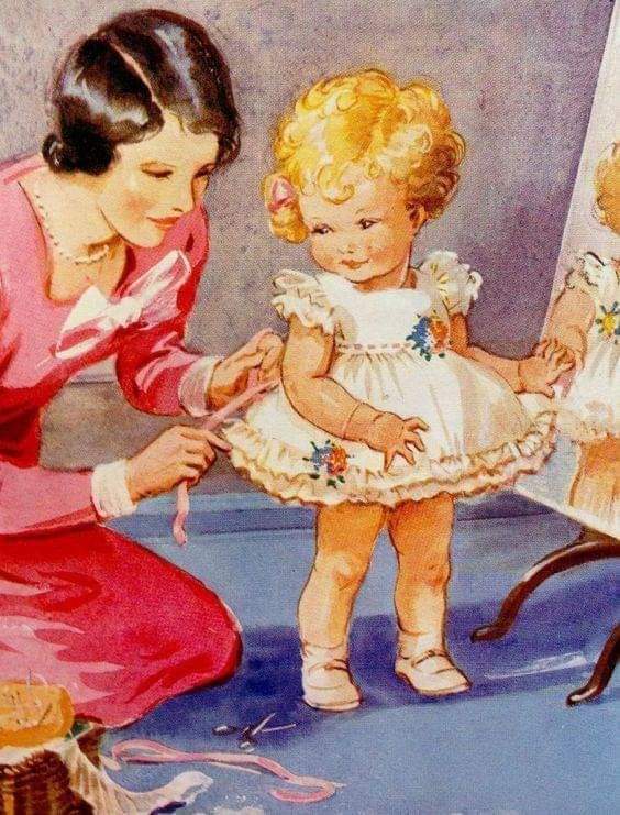 Vintage illustration showing mother in red dress sewing white dress on young blonde child