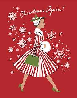 Vintage Christmas card showing elegant woman in red and white striped dress carrying gift box against red background with snowflakes