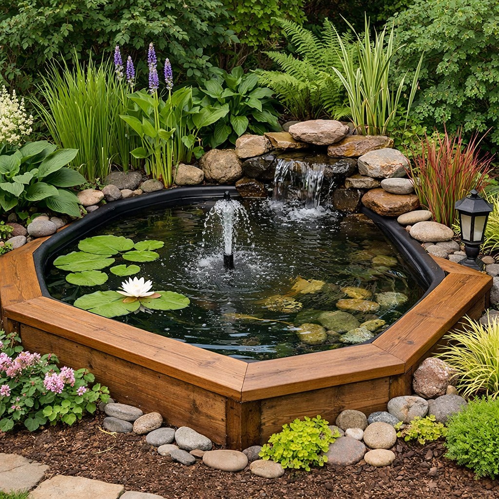 Small garden pond with fountain, lily pads, rocks, and surrounding plants