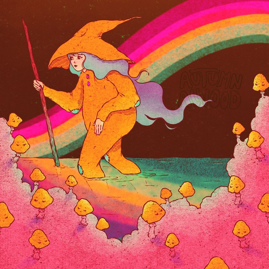 Wizard with Rainbow and Mushrooms