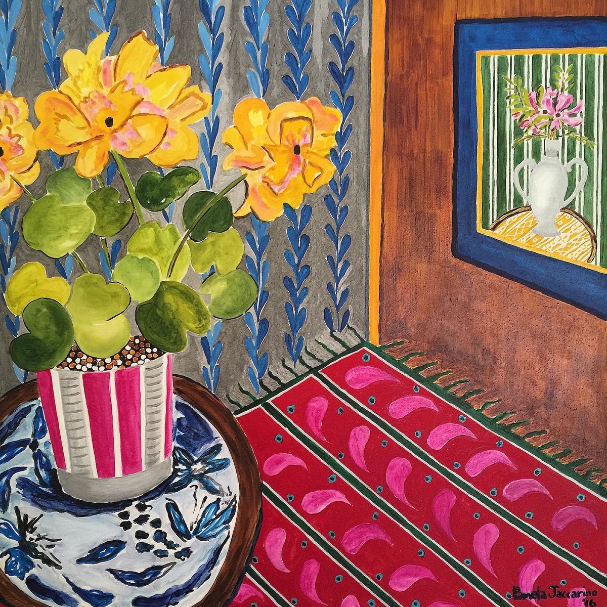 Painting of yellow flowers in striped vase beside pink tufted sofa in colorful interior room