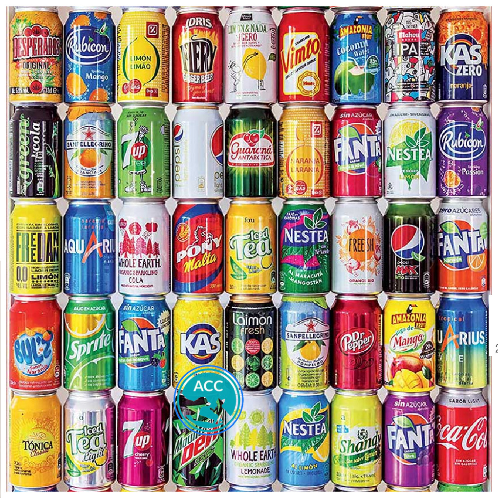 Grid of colorful vintage soda cans and bottles arranged in rows