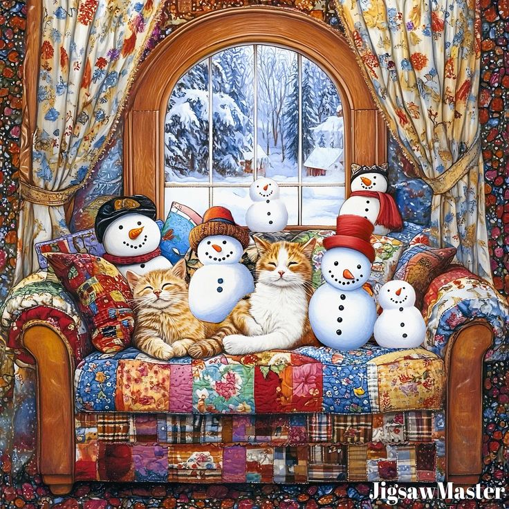 Tabby and ginger cats resting on colorful quilted sofa with snowman plushies by winter window