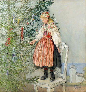 Girl in Dutch folk costume decorating Christmas tree, vintage watercolor painting