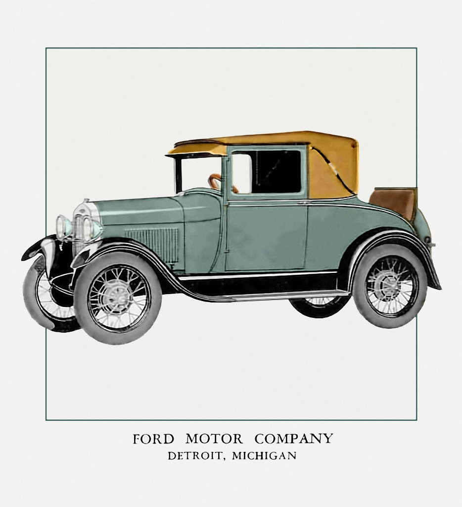 Vintage illustration of a green Ford Sport Coupe with tan roof on white background
