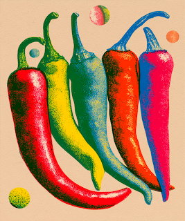 Pop art illustration of five colorful chili peppers in yellow, green, teal, red, and pink on a peach background
