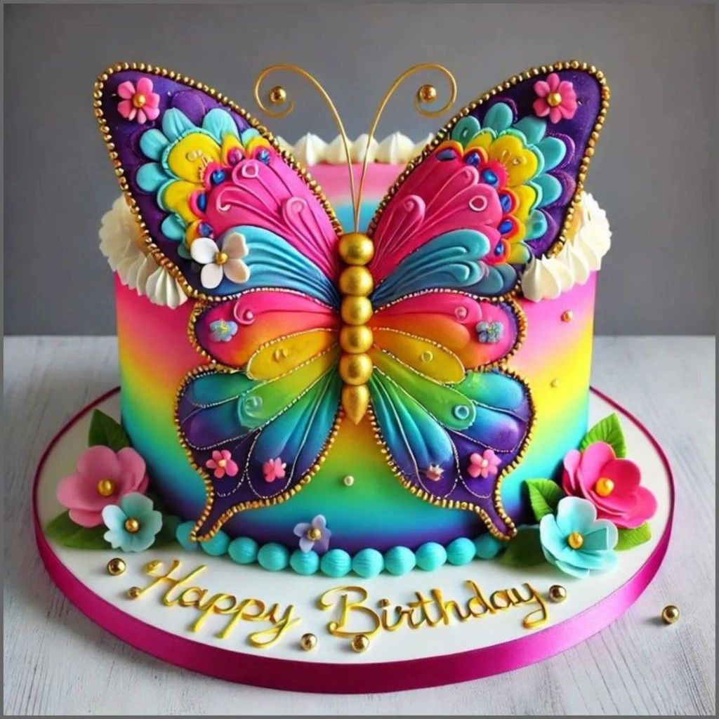 Rainbow butterfly birthday cake with flowers and Happy Birthday decoration