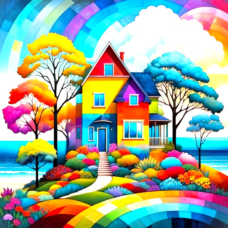 Bright yellow house surrounded by rainbow-colored trees and garden with vibrant swirling sky