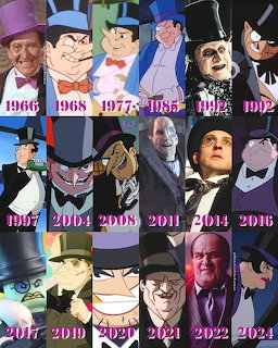 Collage showing The Penguin character in various illustrated and live-action versions labeled by year.