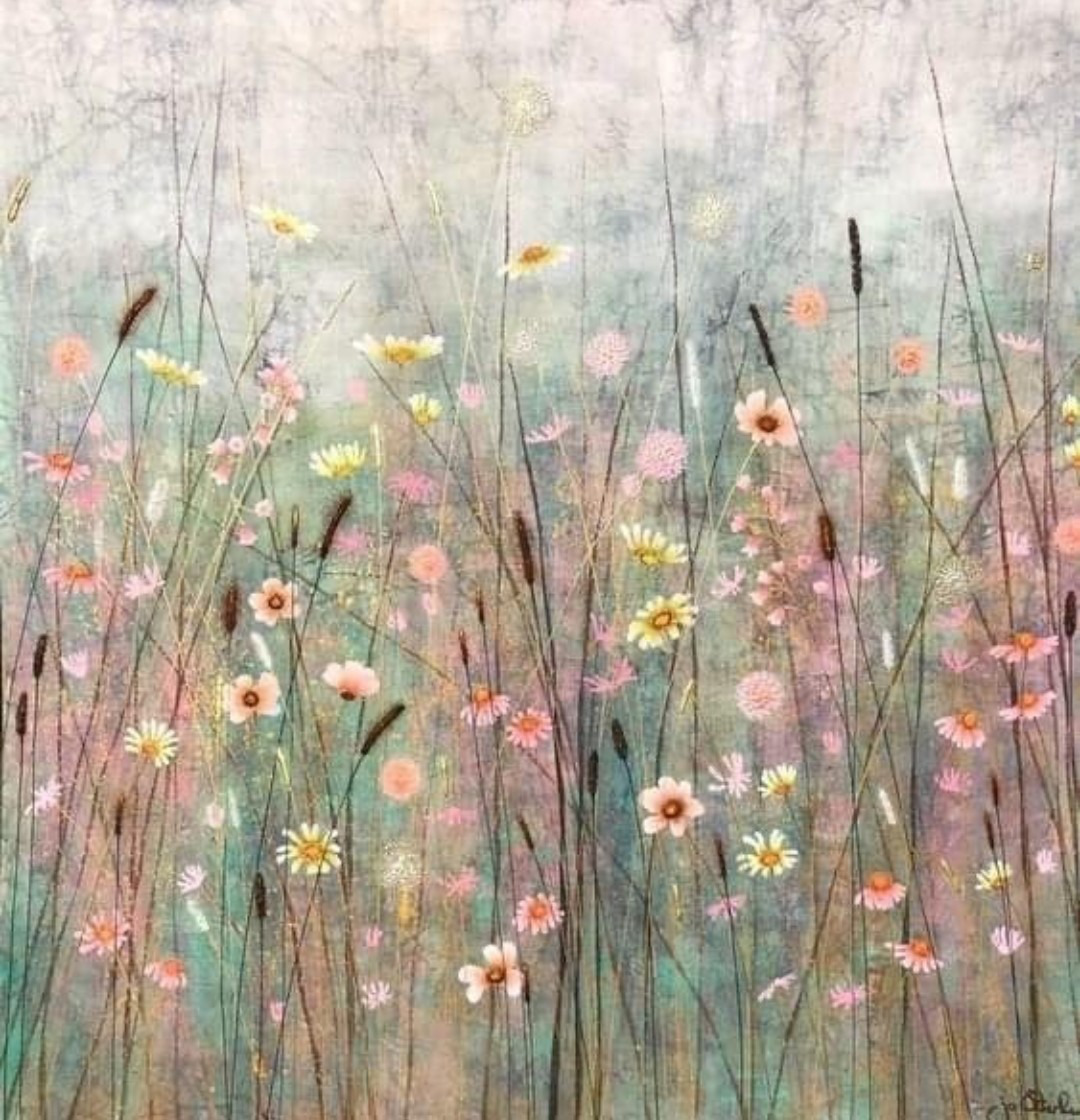 Pastel painting of wildflowers and grasses in a misty meadow with pink and white bloms