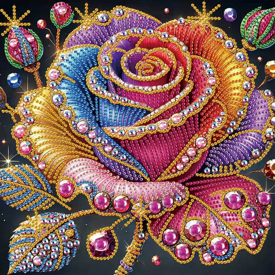 Colorful beaded mosaic rose with rainbow gradient petals and jeweled decorations on black background