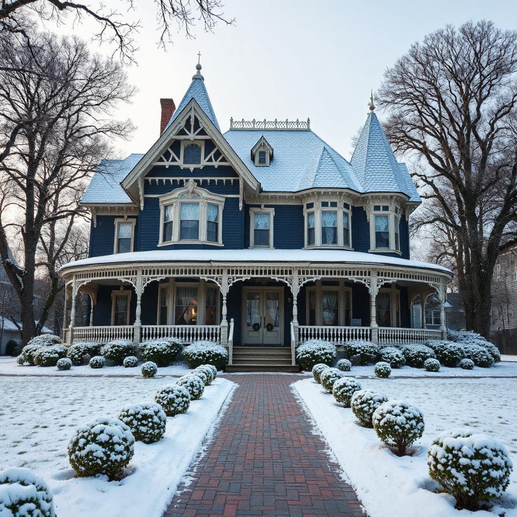 Blue Victorian mansion with turrets and decorative trim surrounded by snow-covered landscape and bare winter trees