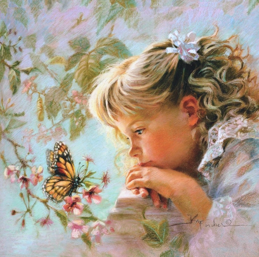 Painting of a young girl watching a butterfly on flowering branches