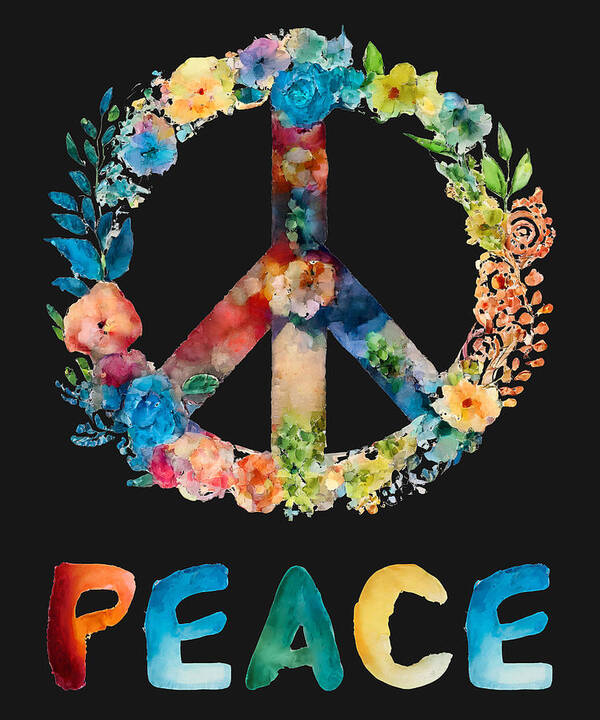 Rainbow peace symbol adorned with flowers and foliage on black background with colorful PEACE lettering