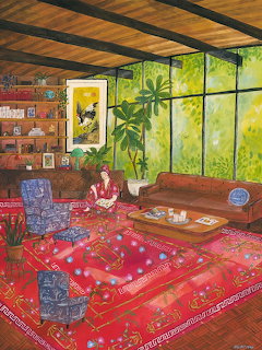 Painting of a woman in a colorful living room with redrug, bookshelves, and green garden windows