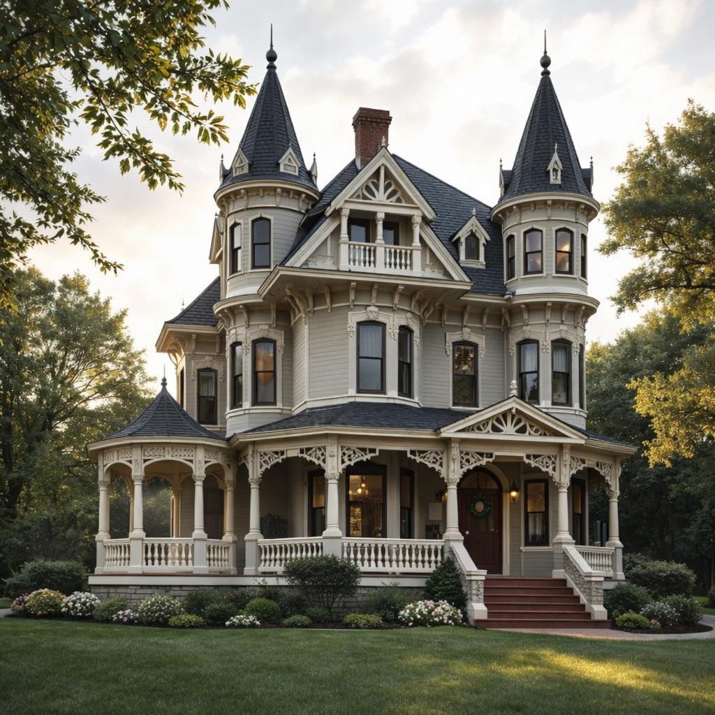 Victorian mansion with twin turrets, wraparound porch, and green lawn