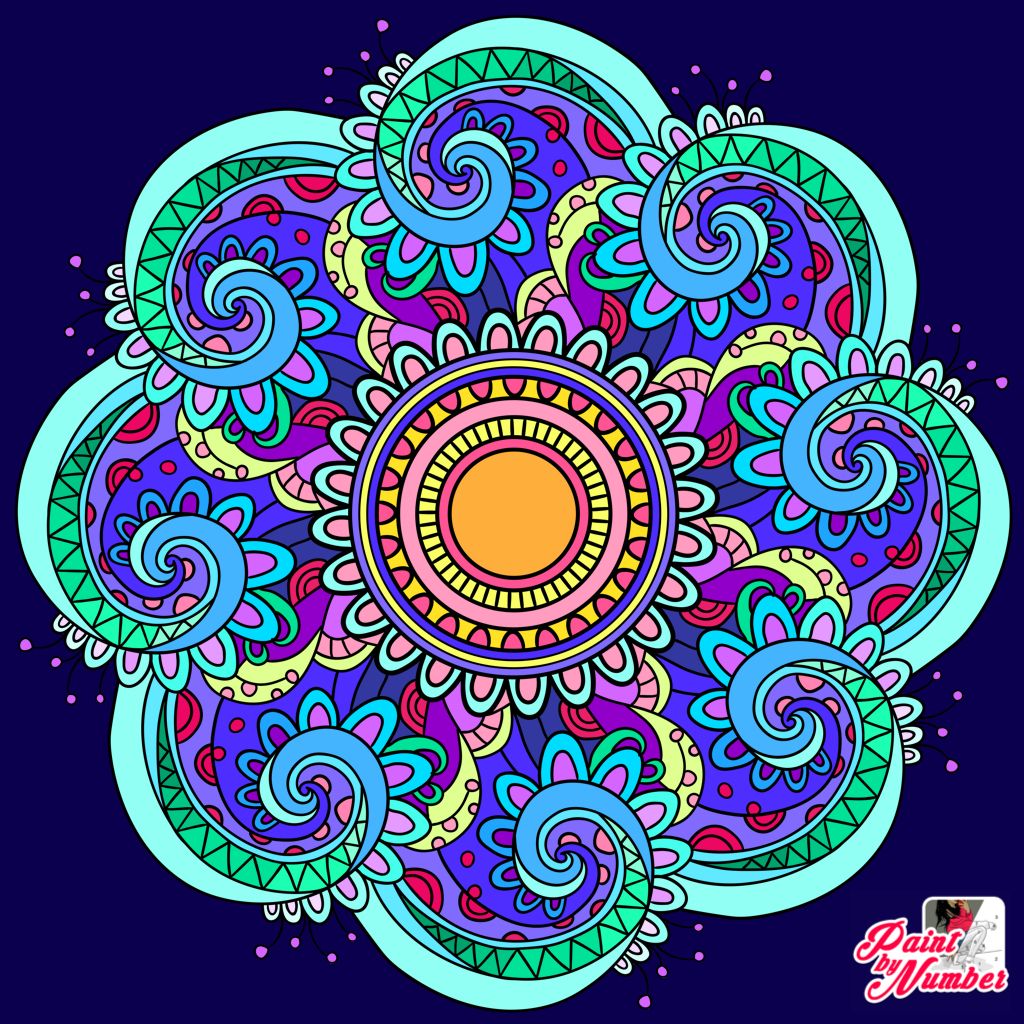 Ornate mandala with spiral motifs and floral elements in bright colors on dark blue background
