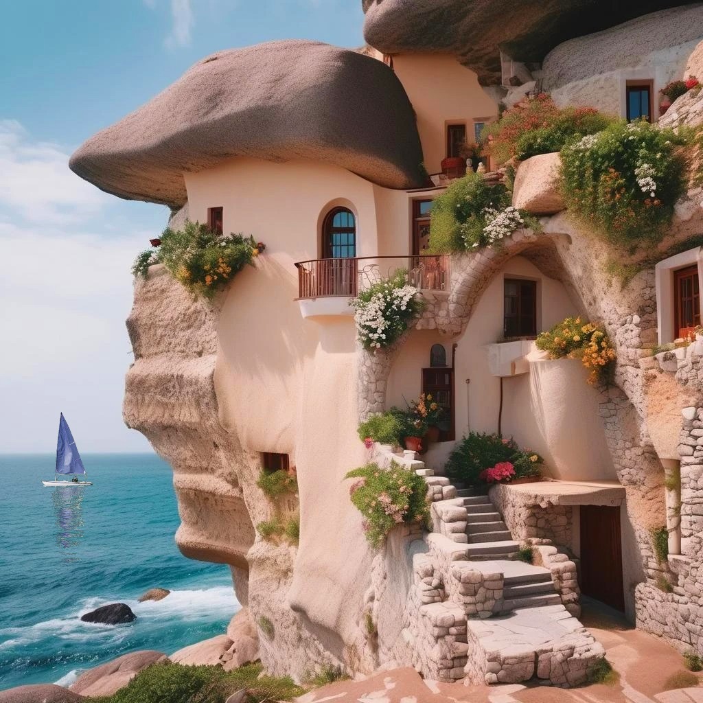 Whimsical houses built into a seaside cliff with stairs, flowers, and a sailboat on the ocean