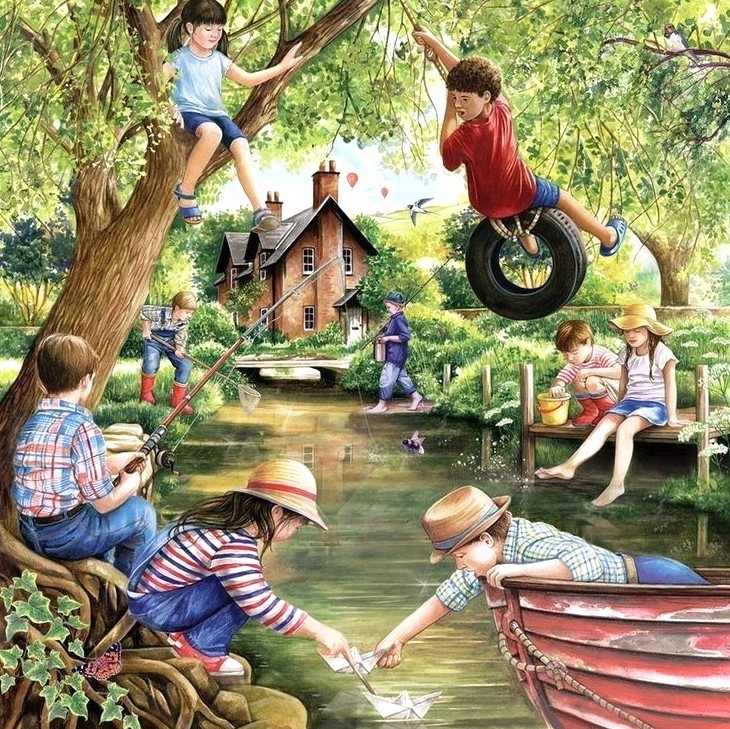 Illustration of children playing by a river near a cottage, with a boat, dock, and tire swing